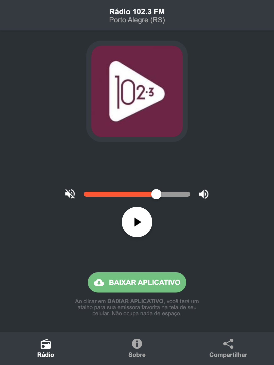 Screenshot do aplicativo da Rádio 102.3 FM