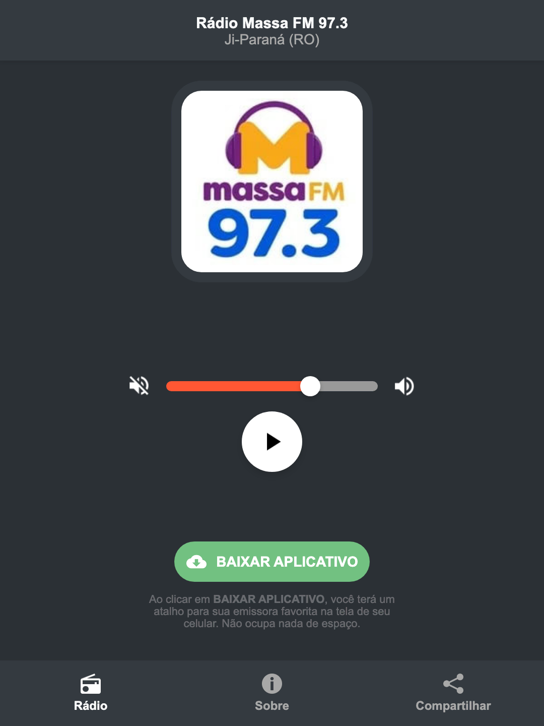 Screenshot do aplicativo da Rádio Massa FM 97.3