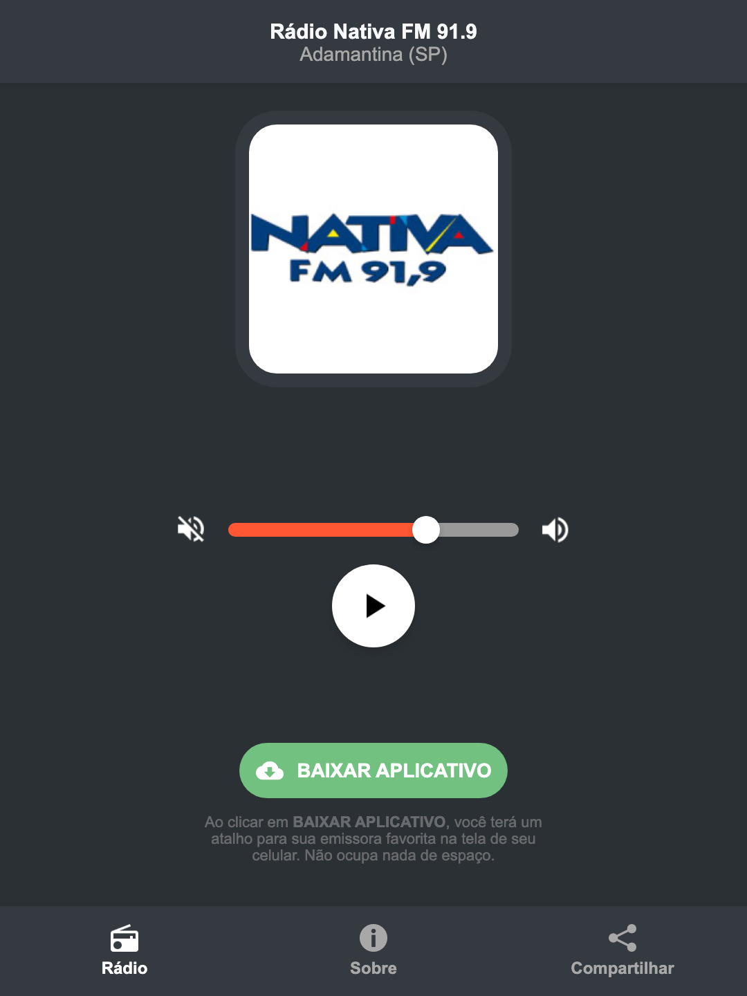 Screenshot do aplicativo da Rádio Nativa FM 91.9