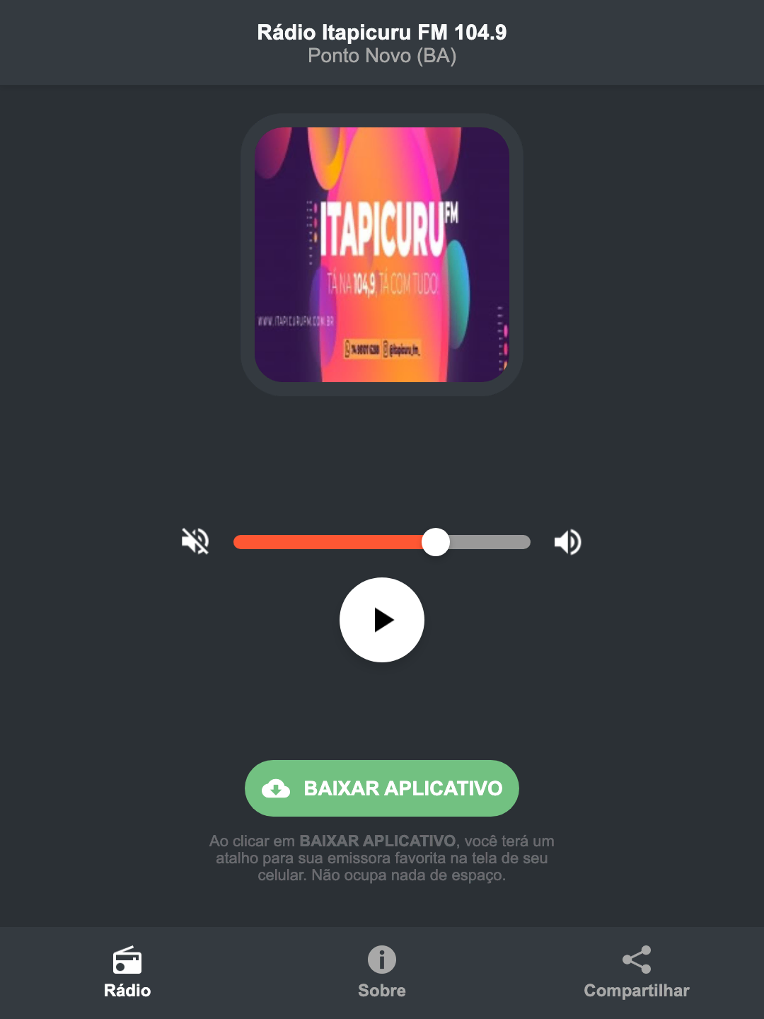 Screenshot do aplicativo da Rádio Itapicuru FM 104.9