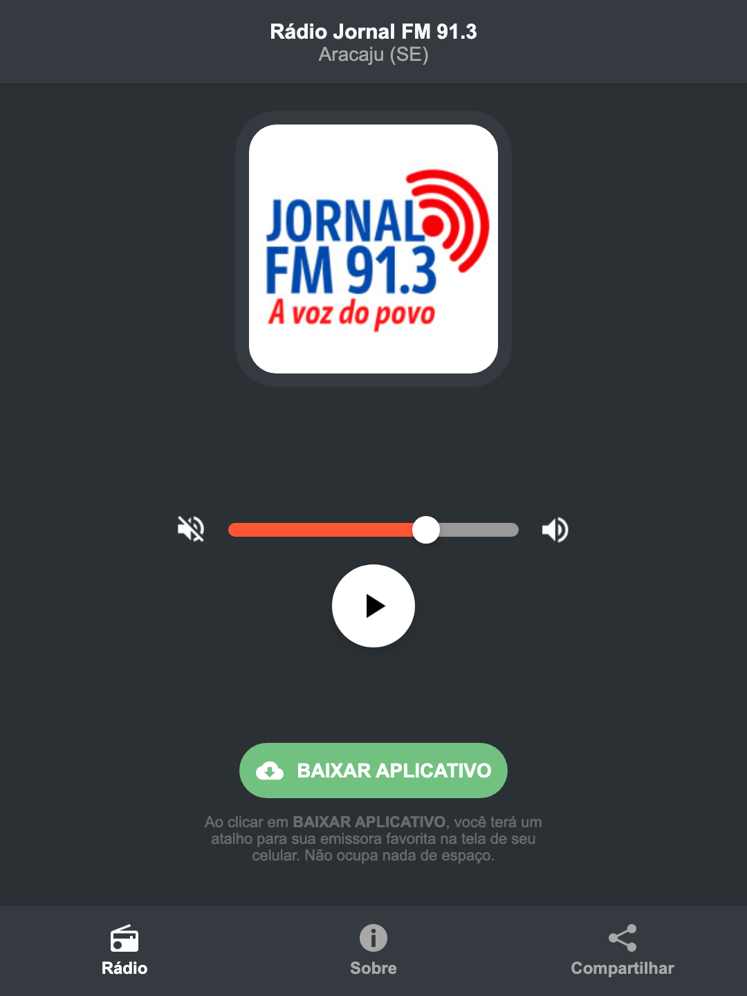 Screenshot do aplicativo da Rádio Jornal FM 91.3
