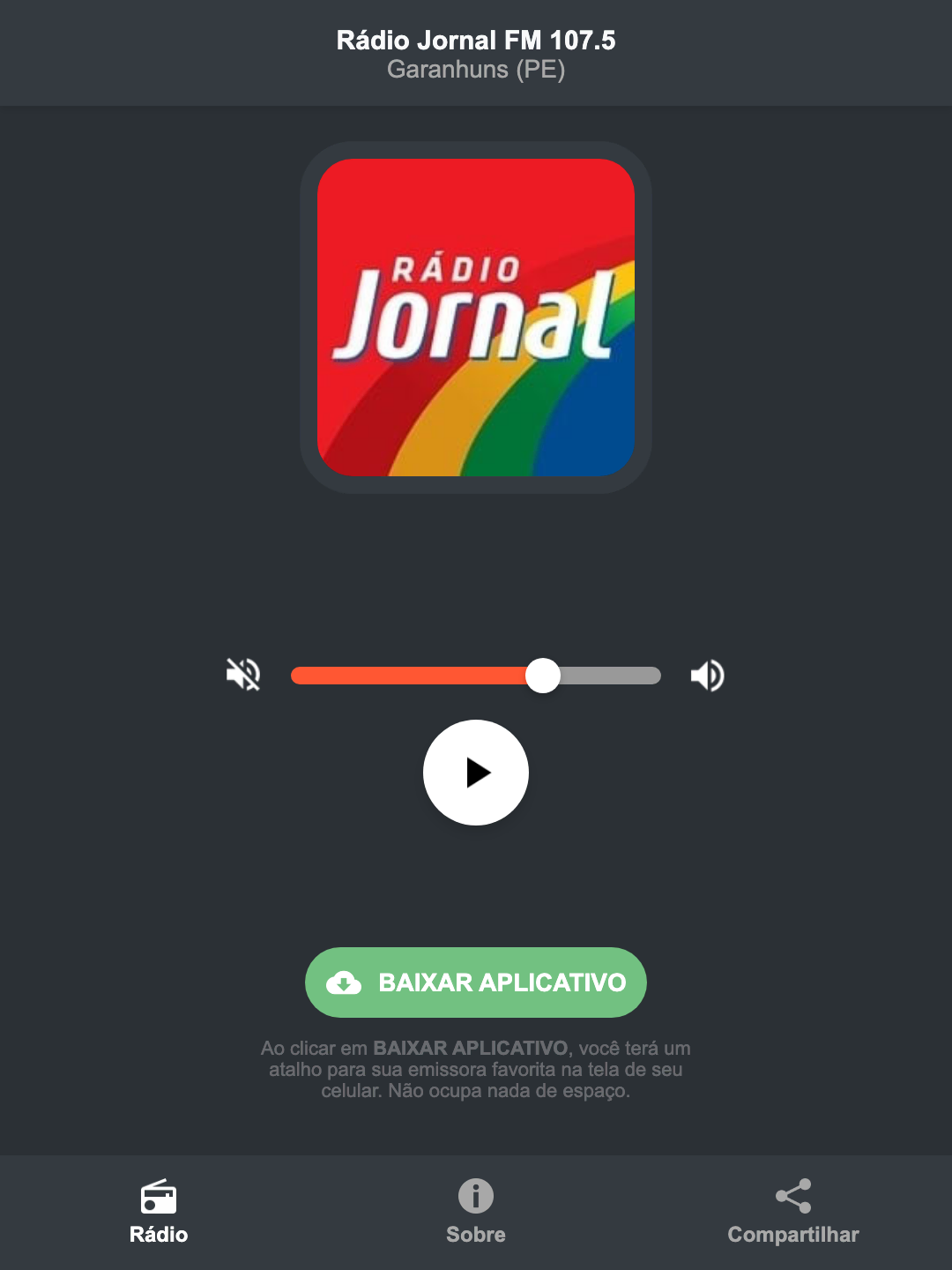 Screenshot do aplicativo da Rádio Jornal FM 107.5
