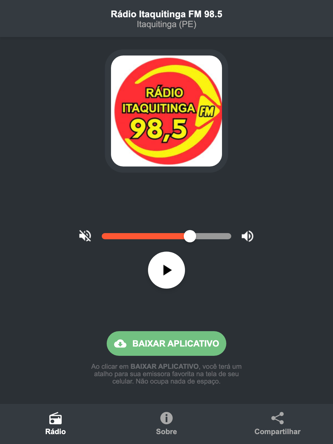 Screenshot do aplicativo da Rádio Itaquitinga FM 98.5