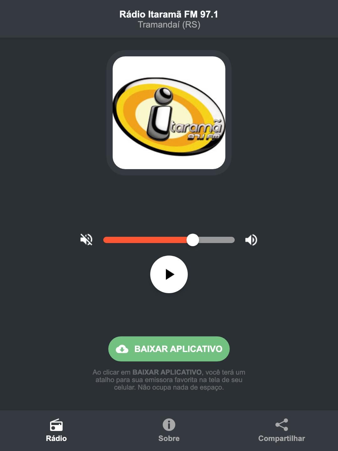 Screenshot do aplicativo da Rádio Itaramã FM 97.1