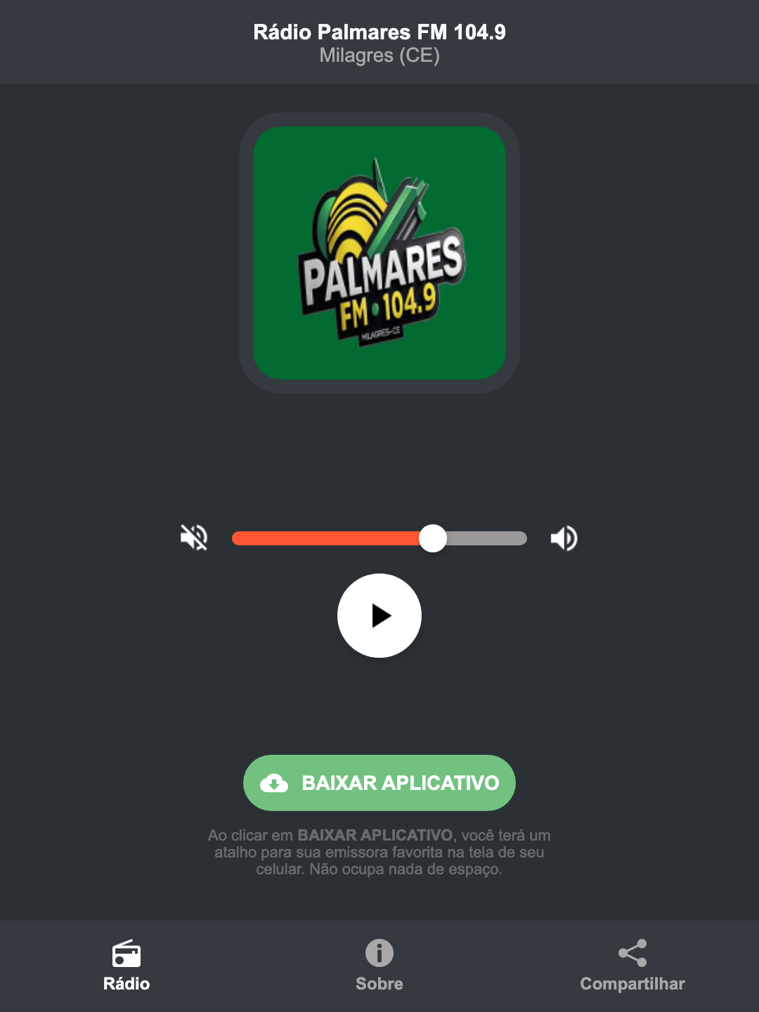 Screenshot do aplicativo da Rádio Palmares FM 104.9