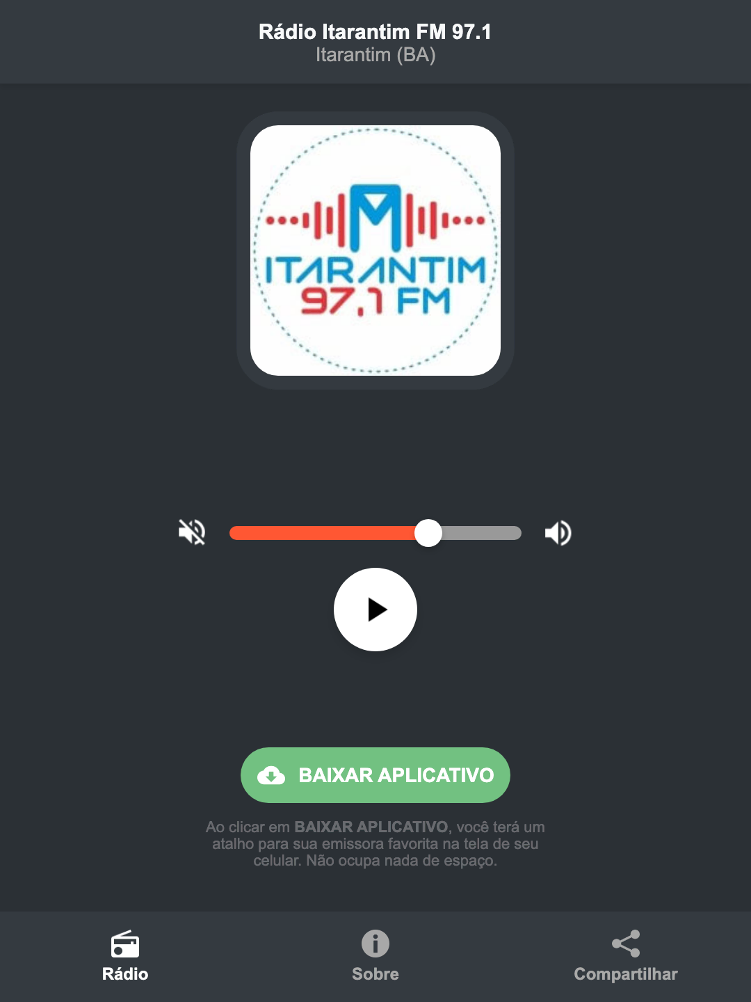 Screenshot do aplicativo da Rádio Itarantim FM 97.1