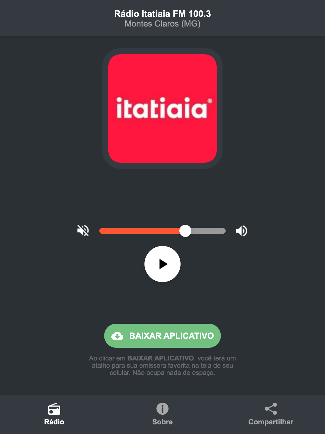 Screenshot do aplicativo da Rádio Itatiaia FM 100.3