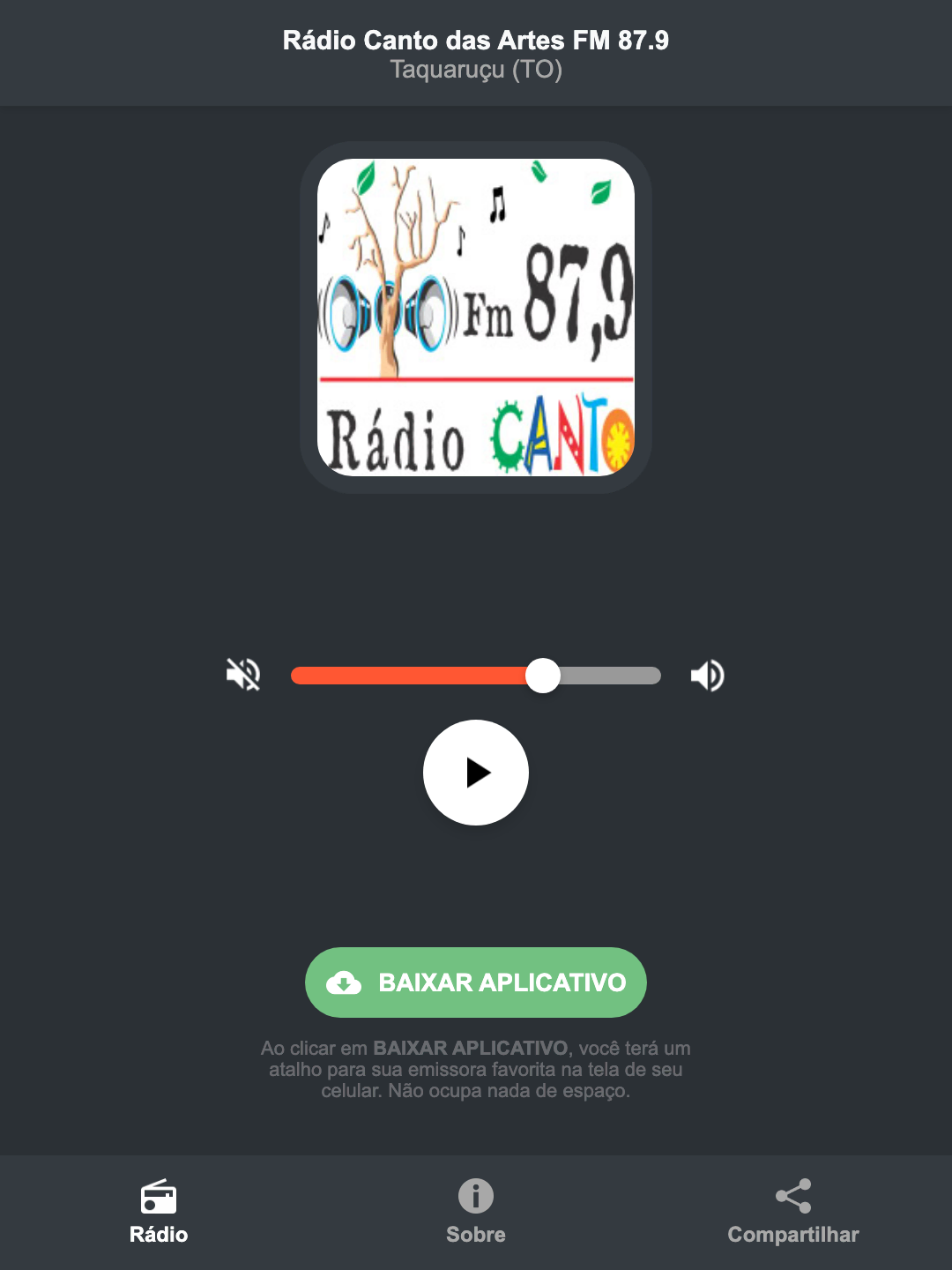 Screenshot do aplicativo da Rádio Canto das Artes FM 87.9