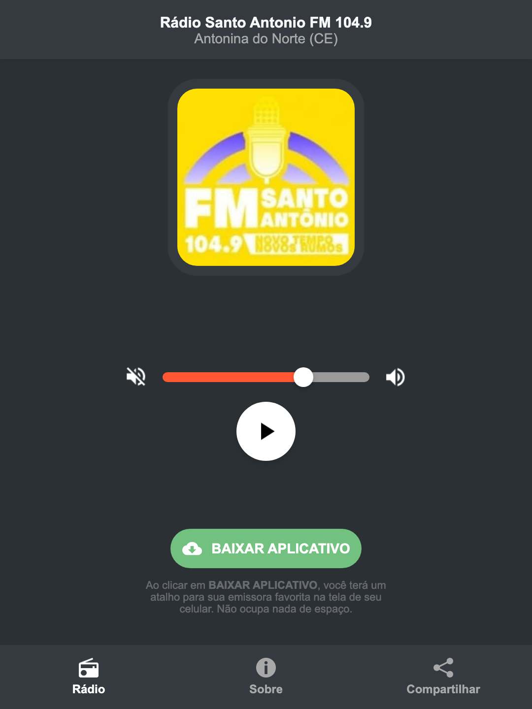 Screenshot do aplicativo da Rádio Santo Antonio FM 104.9