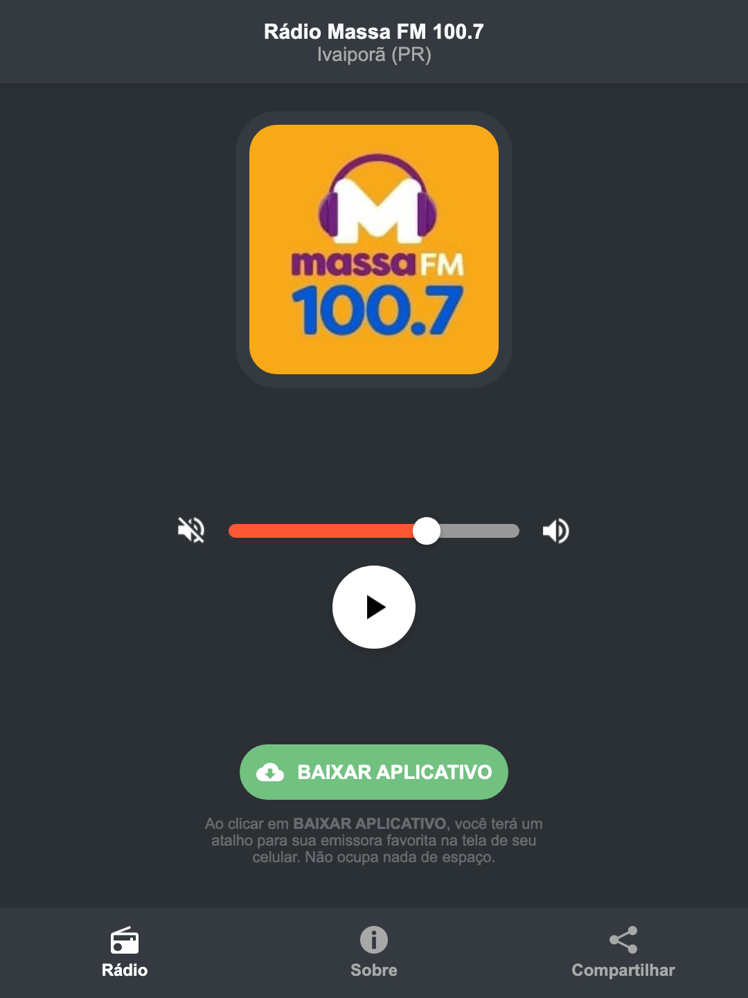 Screenshot do aplicativo da Rádio Massa FM 100.7
