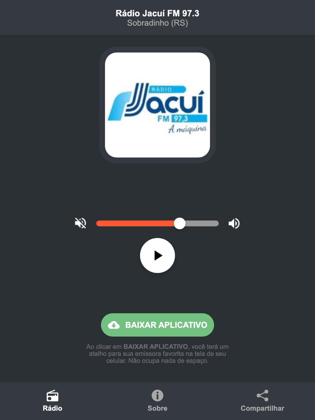 Screenshot do aplicativo da Rádio Jacuí FM 97.3