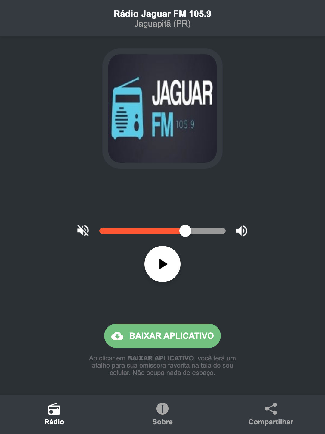 Screenshot do aplicativo da Rádio Jaguar FM 105.9