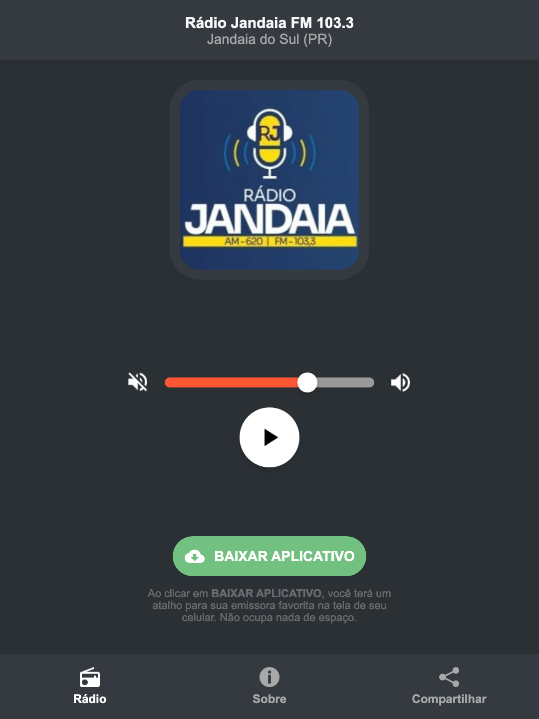 Screenshot do aplicativo da Rádio Jandaia FM 103.3