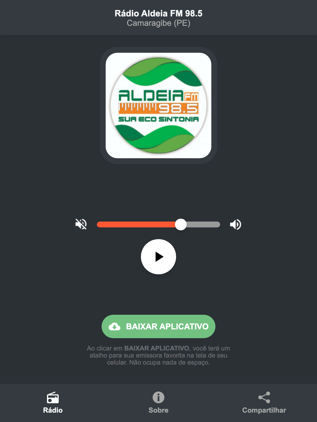 Screenshot do aplicativo da Rádio Aldeia FM 98.5