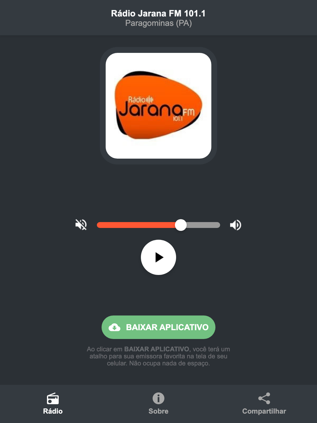 Screenshot do aplicativo da Rádio Jarana FM 101.1