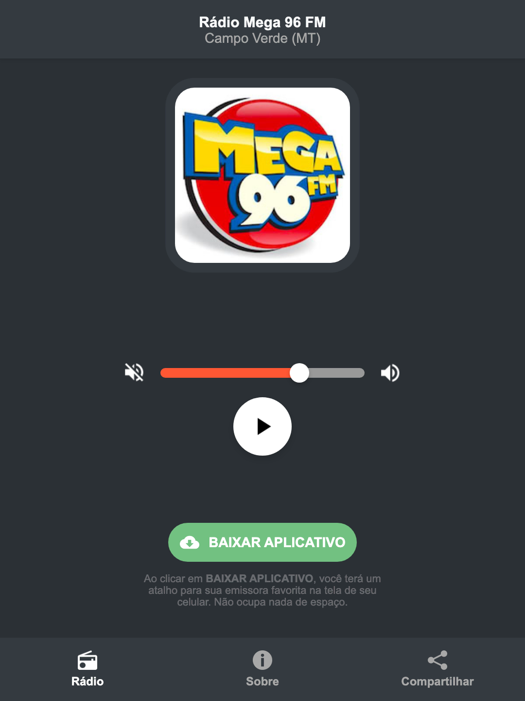 Screenshot do aplicativo da Rádio Mega 96 FM