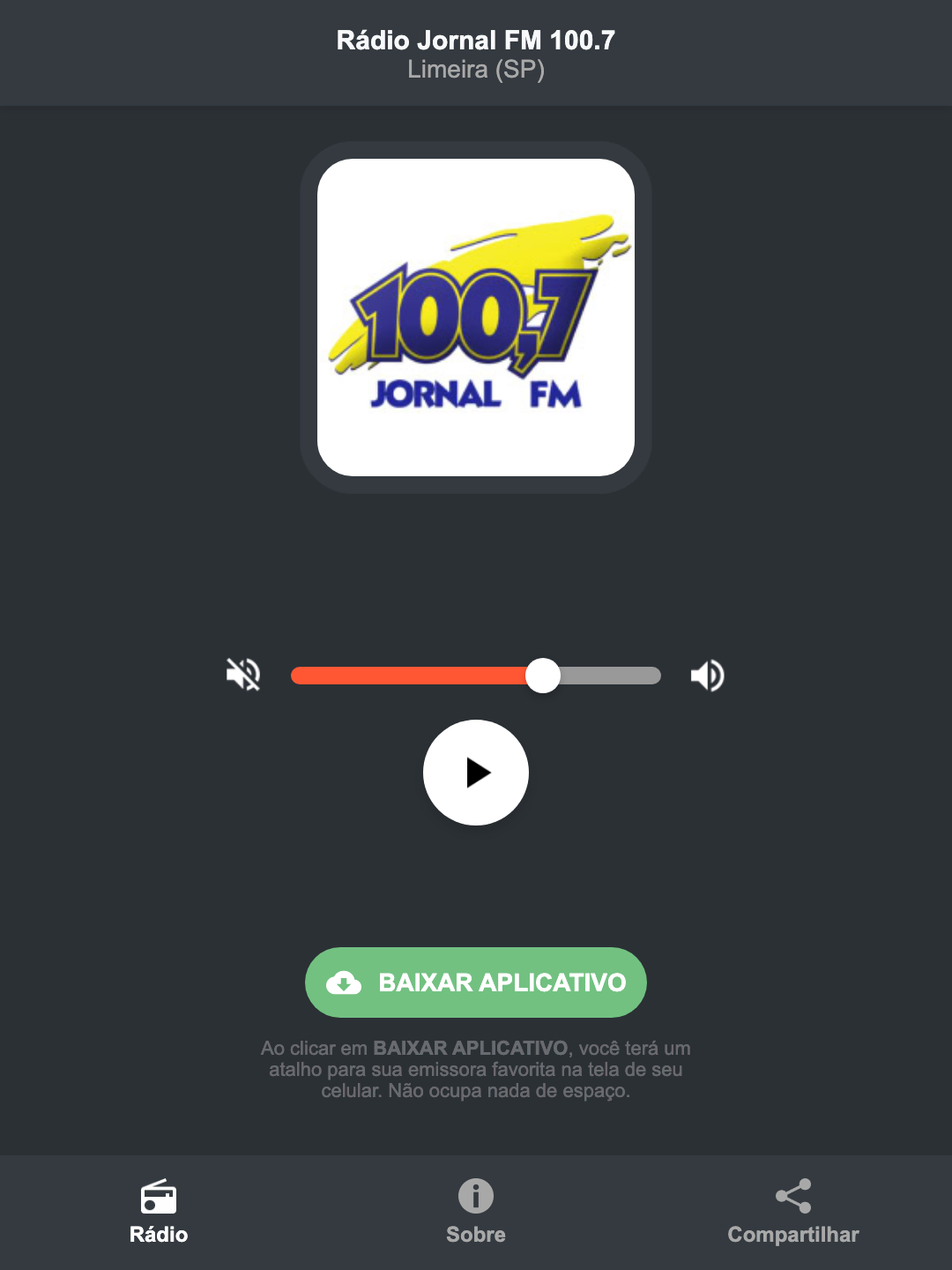 Screenshot do aplicativo da Rádio Jornal FM 100.7