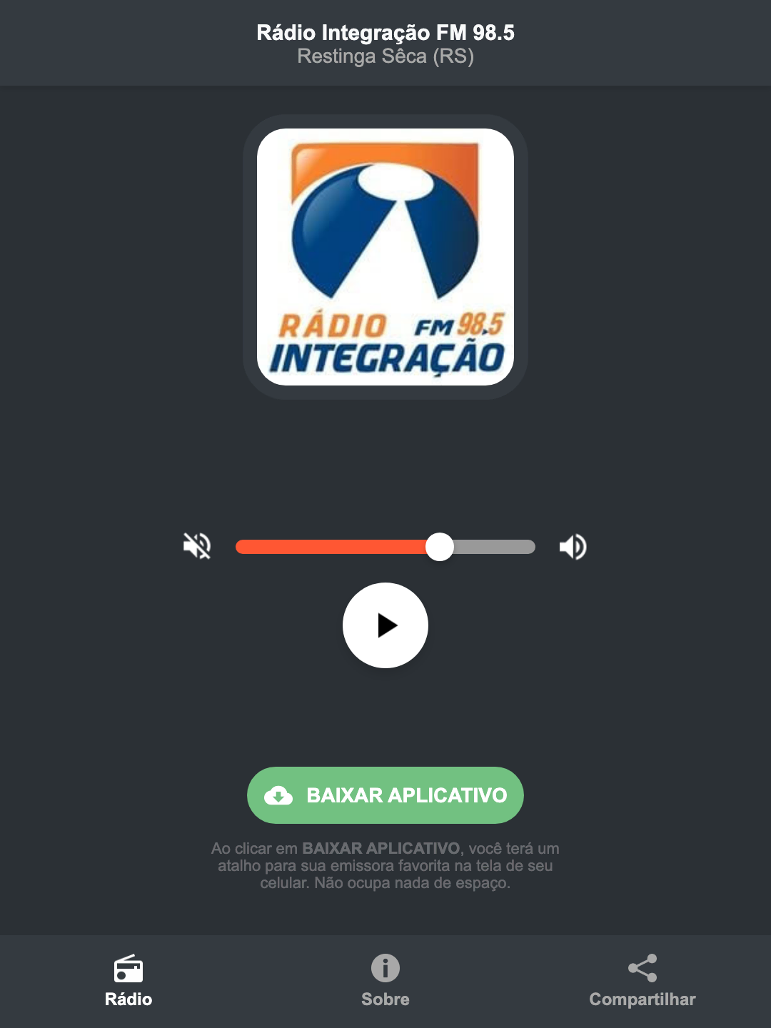 Screenshot do aplicativo da Rádio Integração FM 98.5