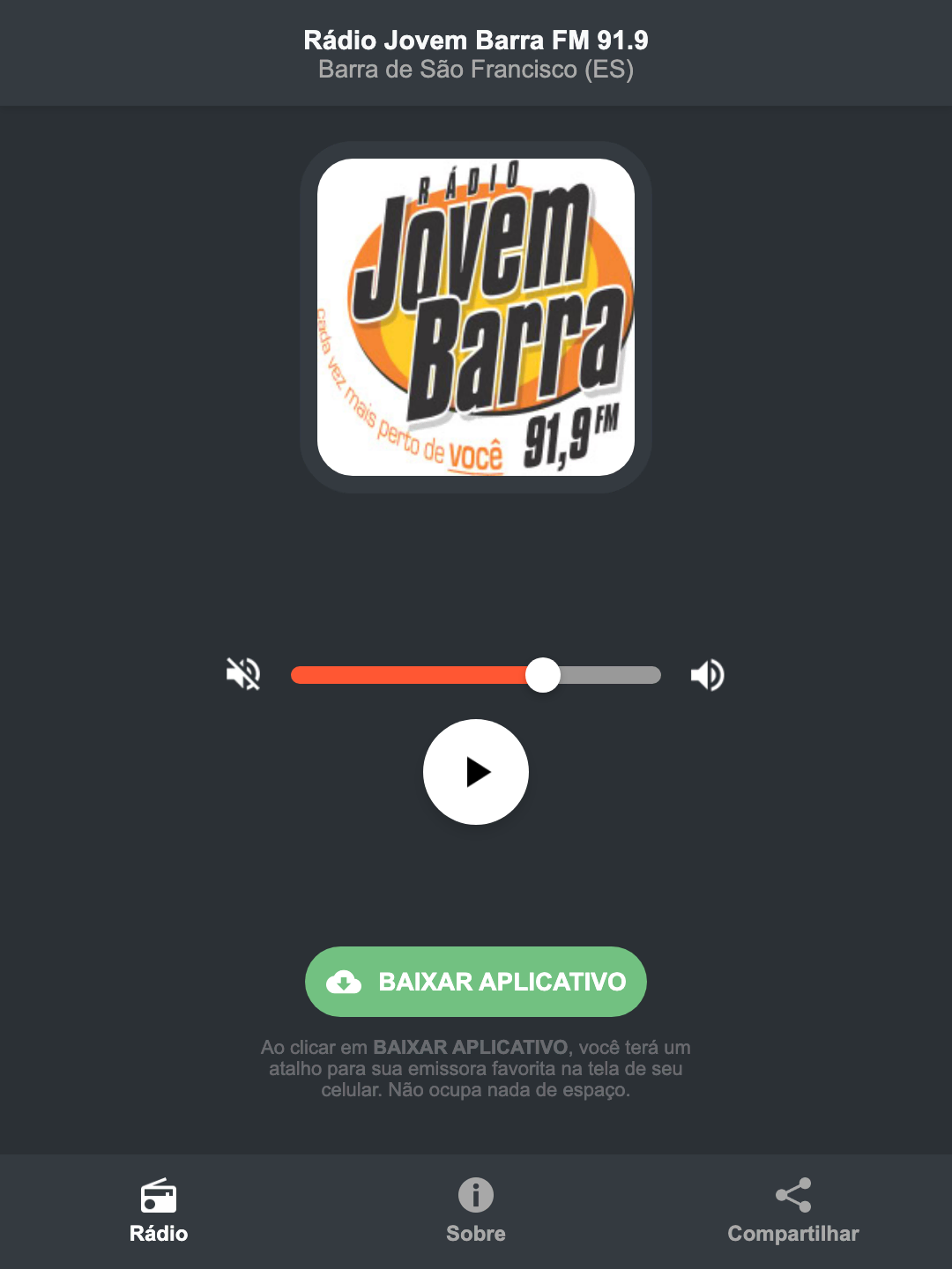Screenshot do aplicativo da Rádio Jovem Barra FM 91.9