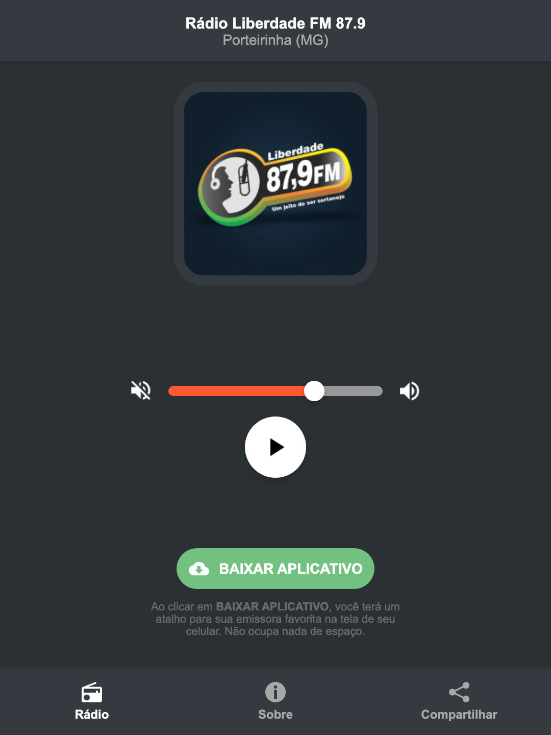 Screenshot do aplicativo da Rádio Liberdade FM 87.9