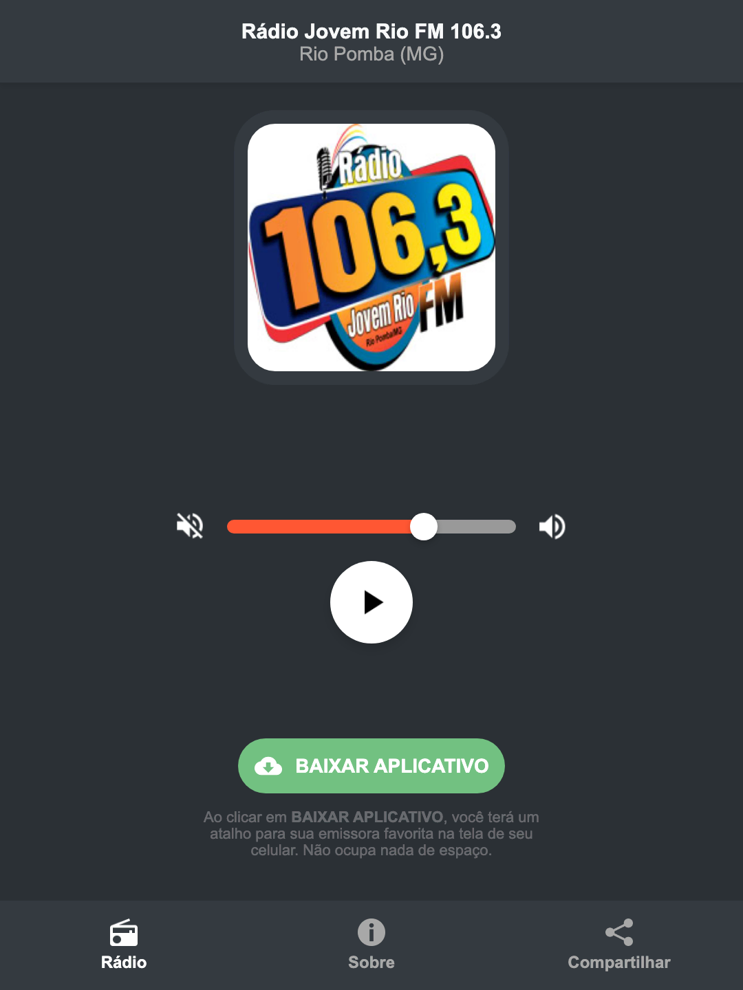 Screenshot do aplicativo da Rádio Jovem Rio FM 106.3