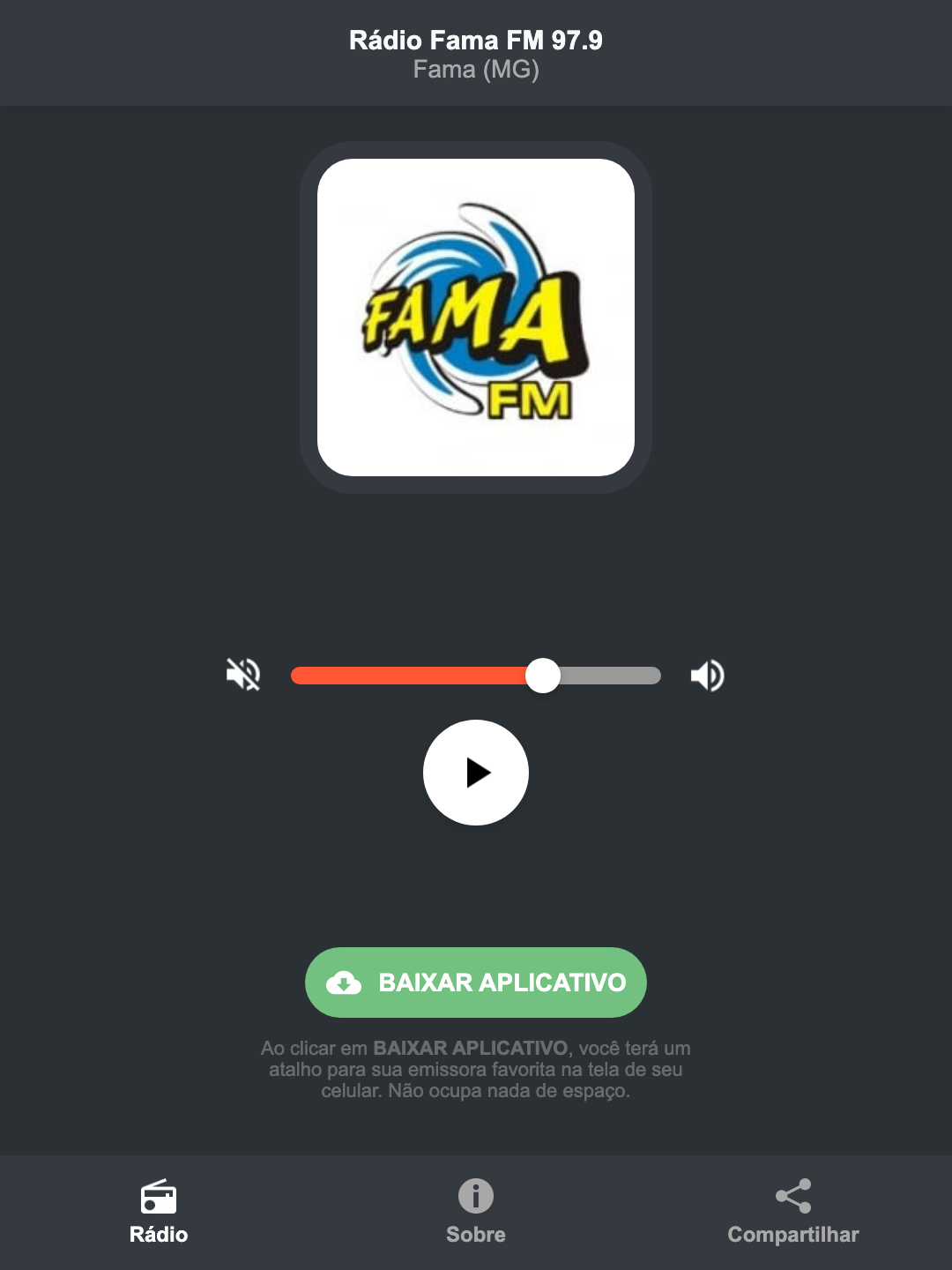 Screenshot do aplicativo da Rádio Fama FM 97.9