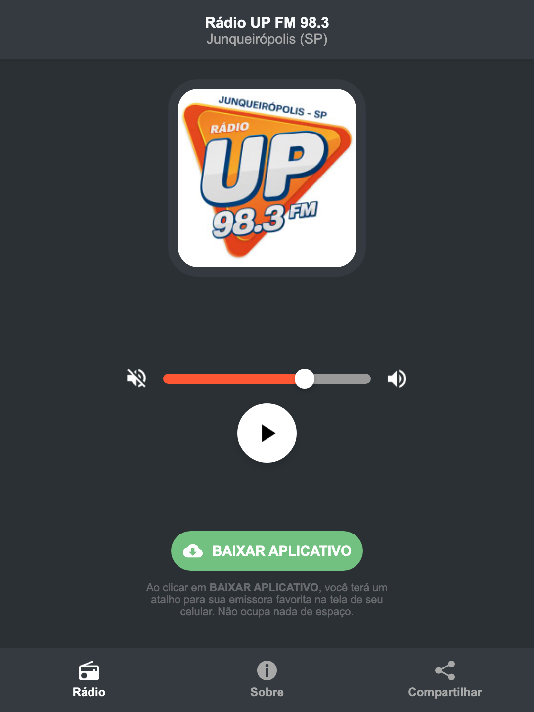 Screenshot do aplicativo da Rádio UP FM 98.3