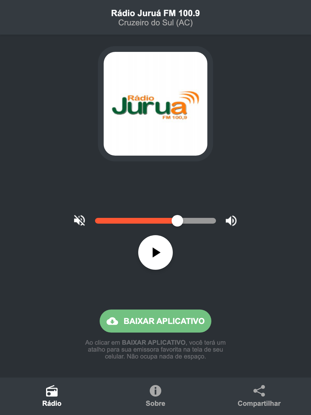 Screenshot do aplicativo da Rádio Juruá FM 100.9