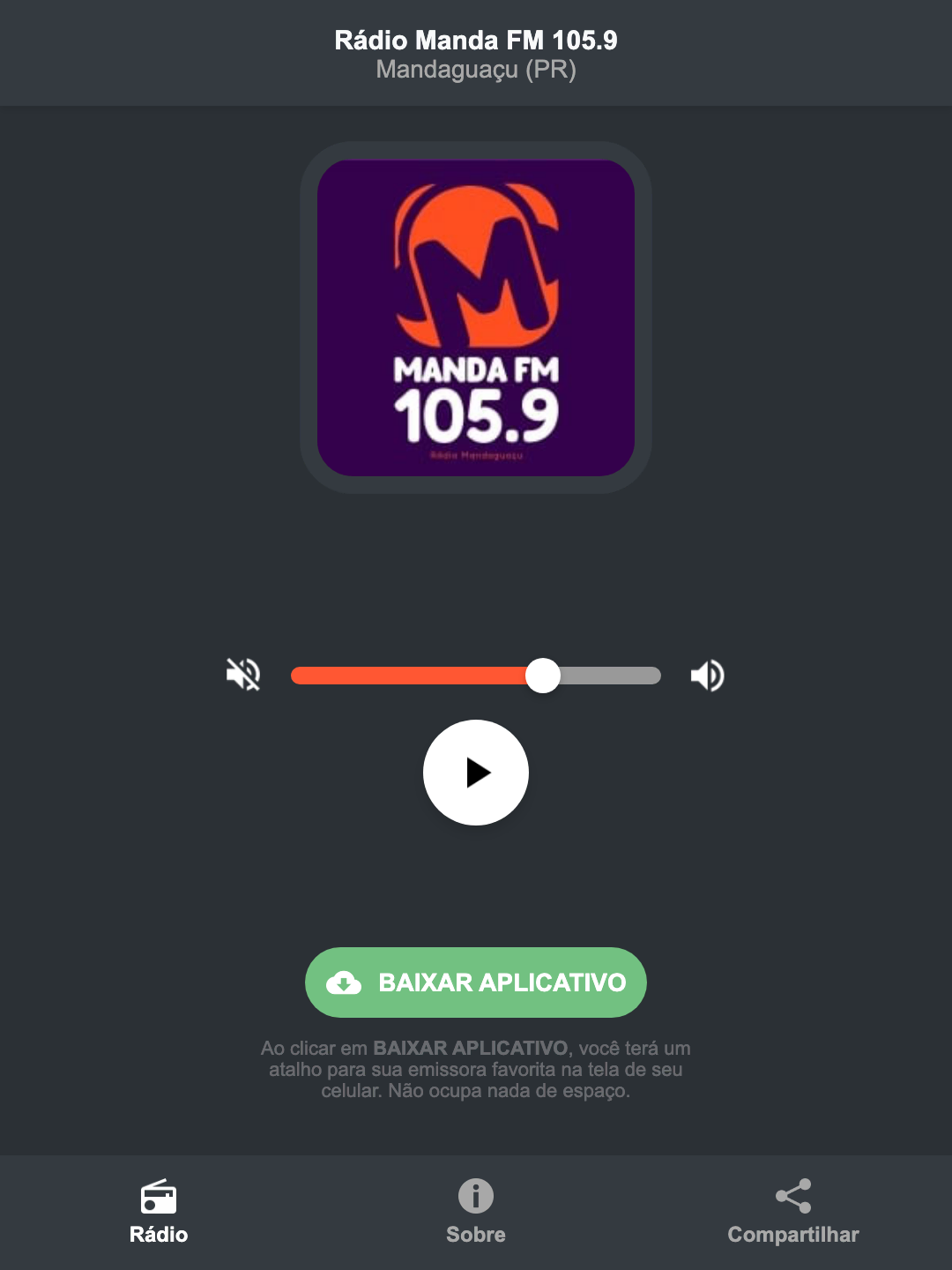 Screenshot do aplicativo da Rádio Manda FM 105.9
