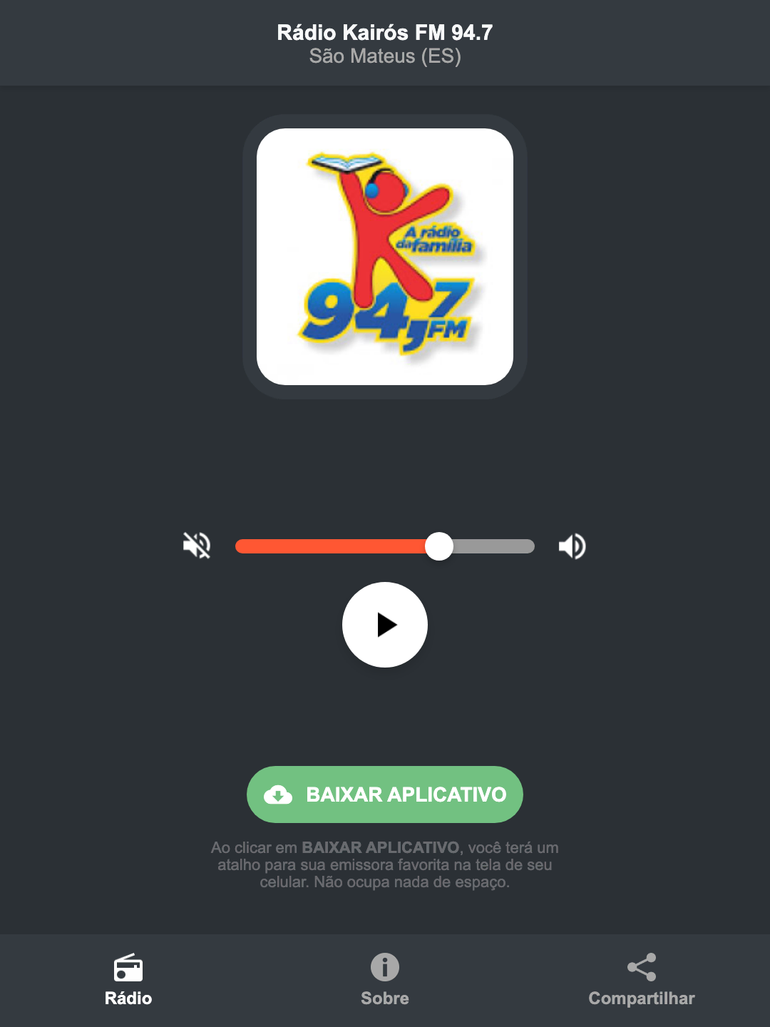 Screenshot do aplicativo da Rádio Kairós FM 94.7