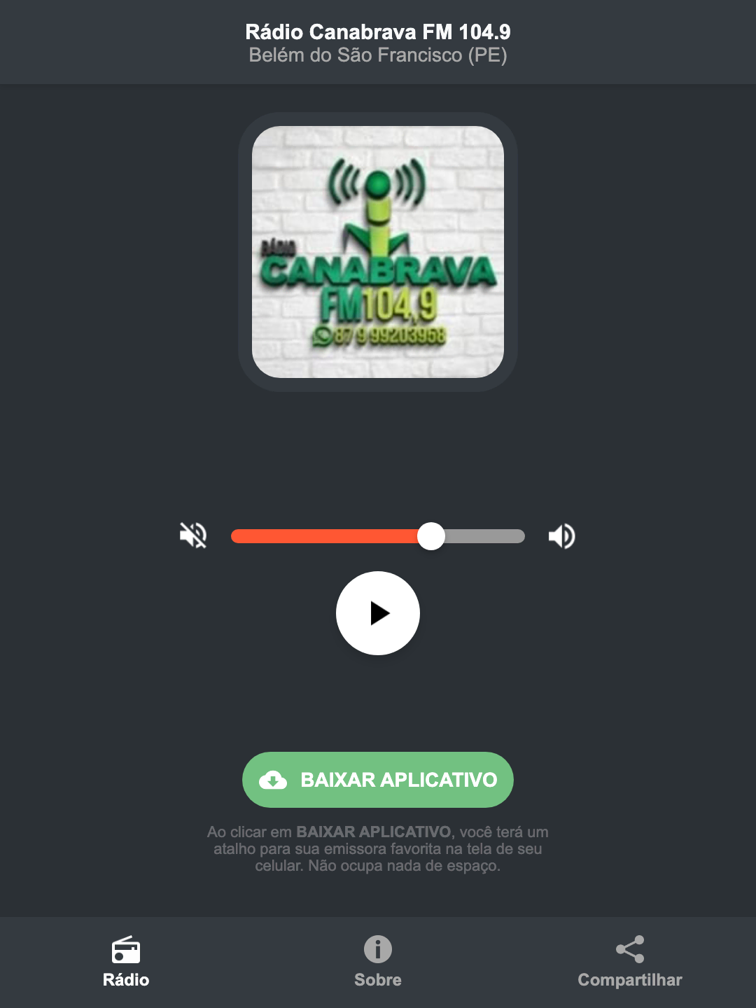 Screenshot do aplicativo da Rádio Canabrava FM 104.9
