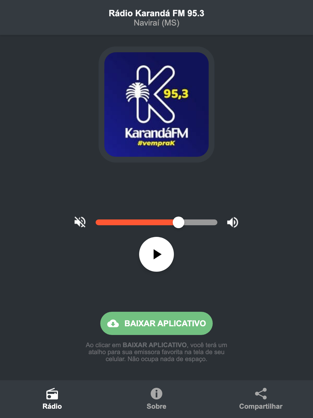 Screenshot do aplicativo da Rádio Karandá FM 95.3