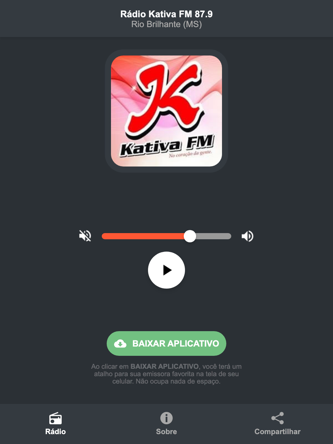 Screenshot do aplicativo da Rádio Kativa FM 87.9