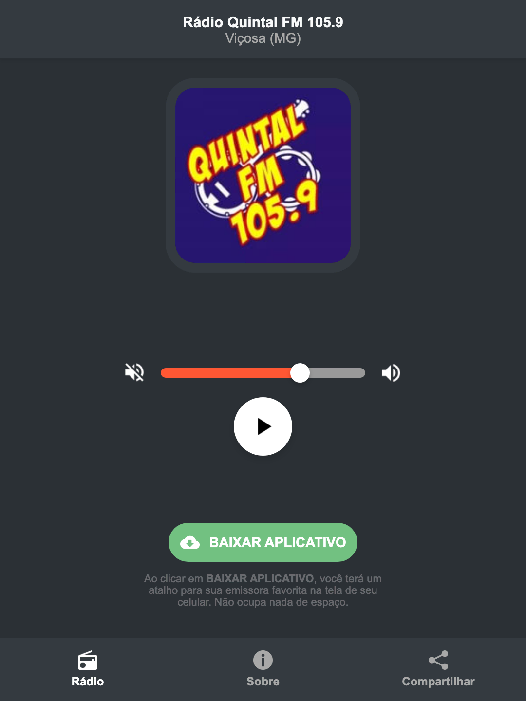 Screenshot do aplicativo da Rádio Quintal FM 105.9
