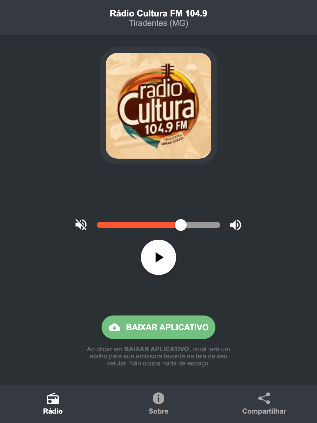 Screenshot do aplicativo da Rádio Cultura FM 104.9