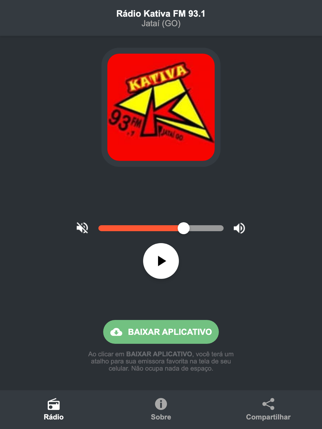 Screenshot do aplicativo da Rádio Kativa FM 93.1