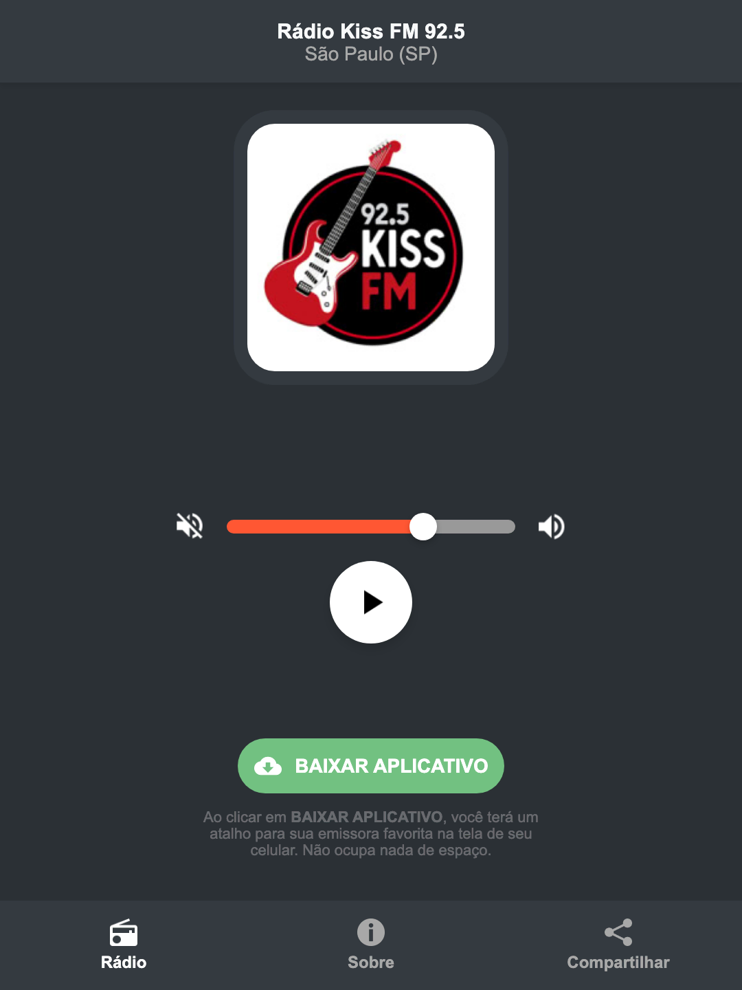 Screenshot do aplicativo da Rádio Kiss FM 92.5