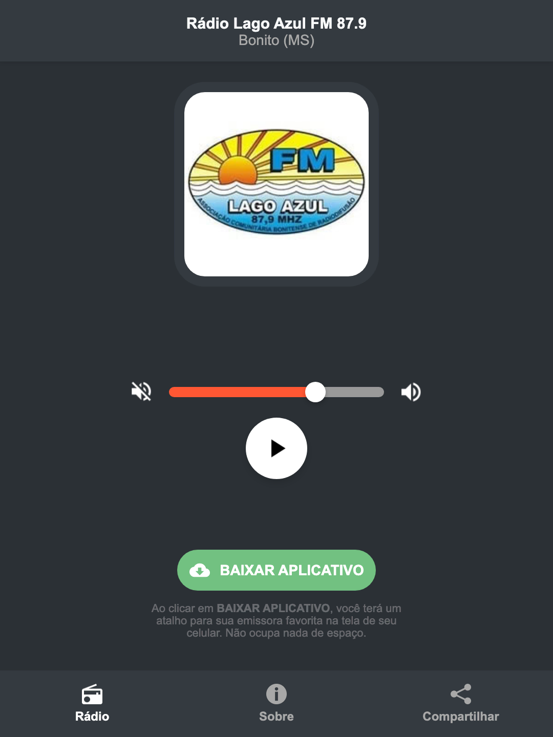 Screenshot do aplicativo da Rádio Lago Azul FM 87.9