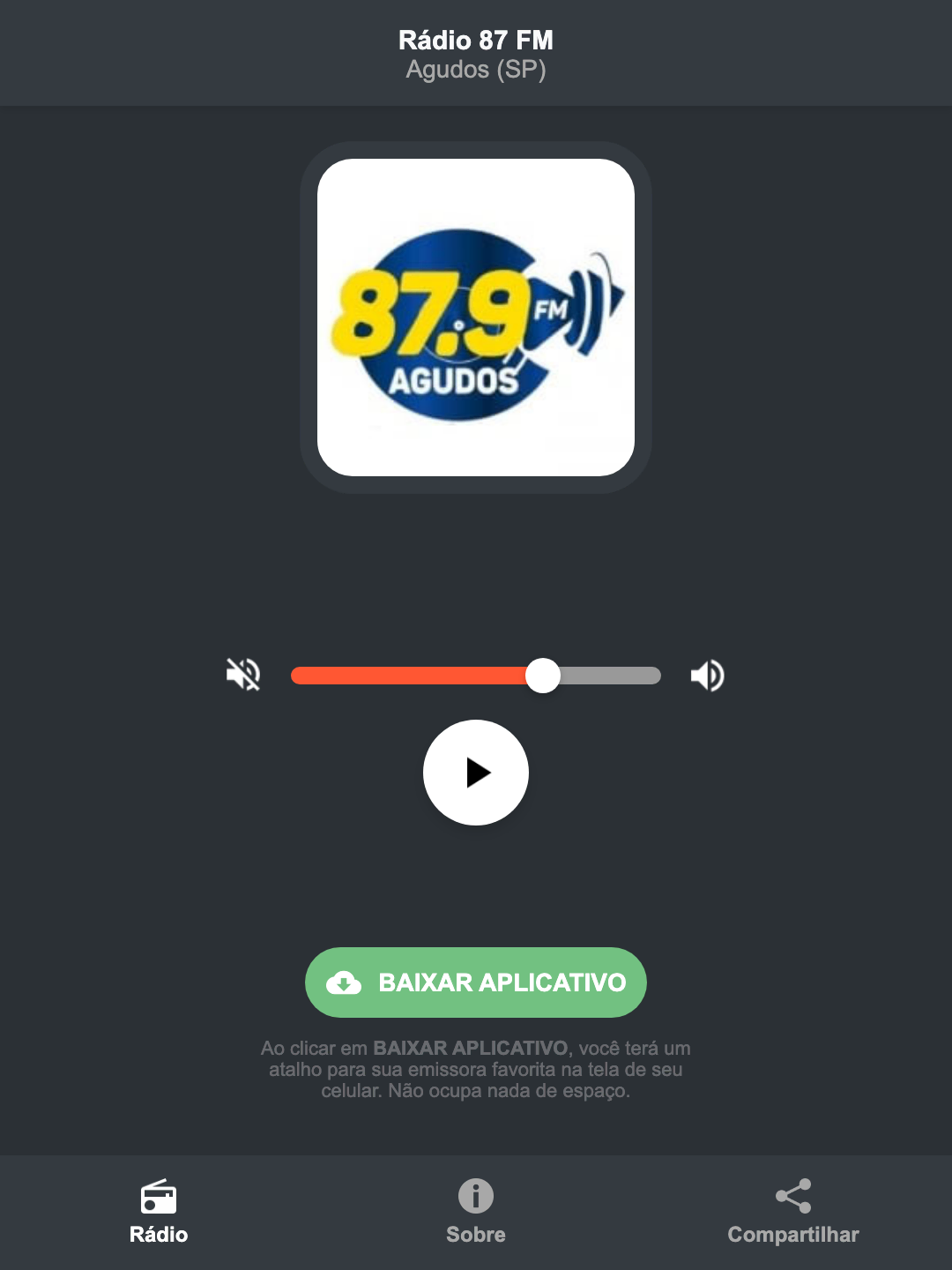 Screenshot do aplicativo da Rádio 87 FM