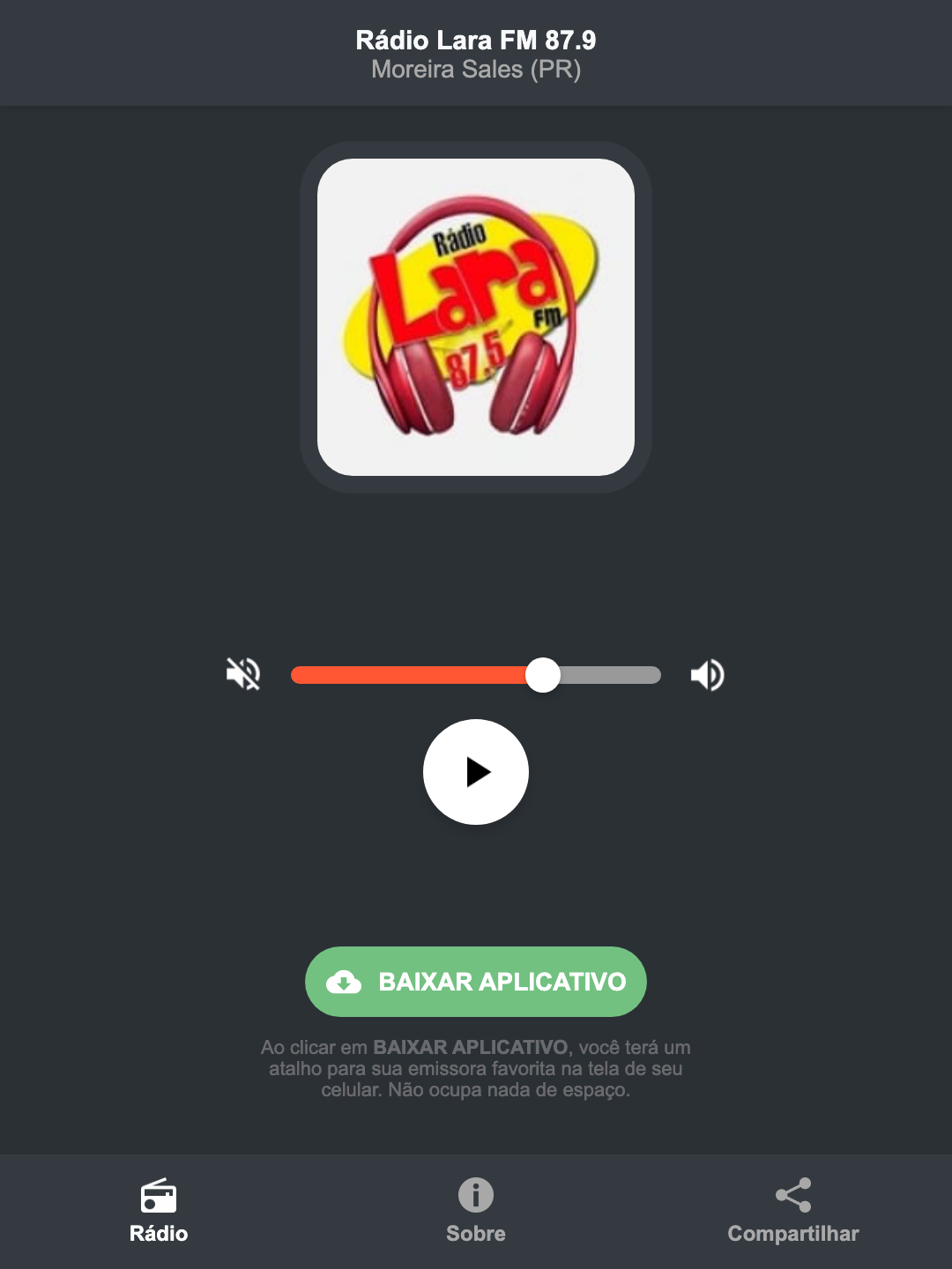 Screenshot do aplicativo da Rádio Lara FM 87.9