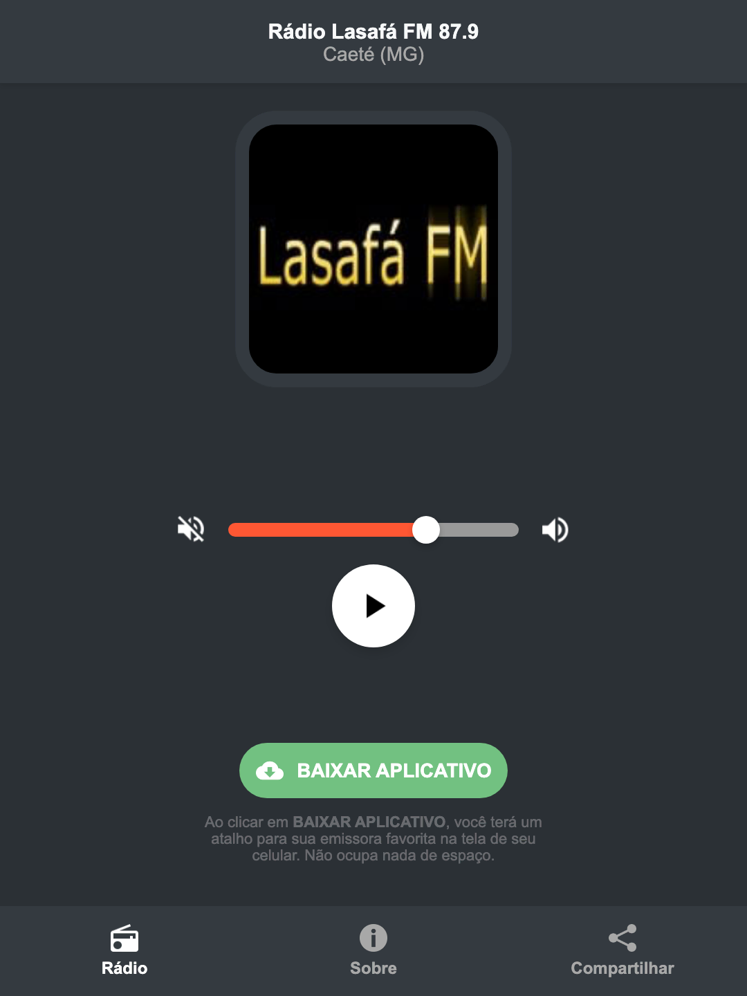 Screenshot do aplicativo da Rádio Lasafá FM 87.9