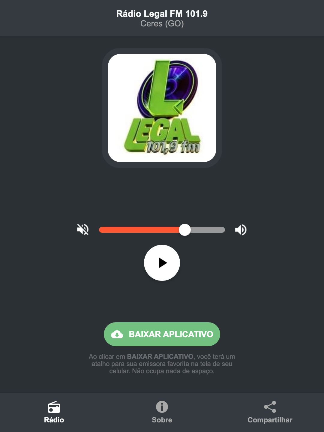 Screenshot do aplicativo da Rádio Legal FM 101.9