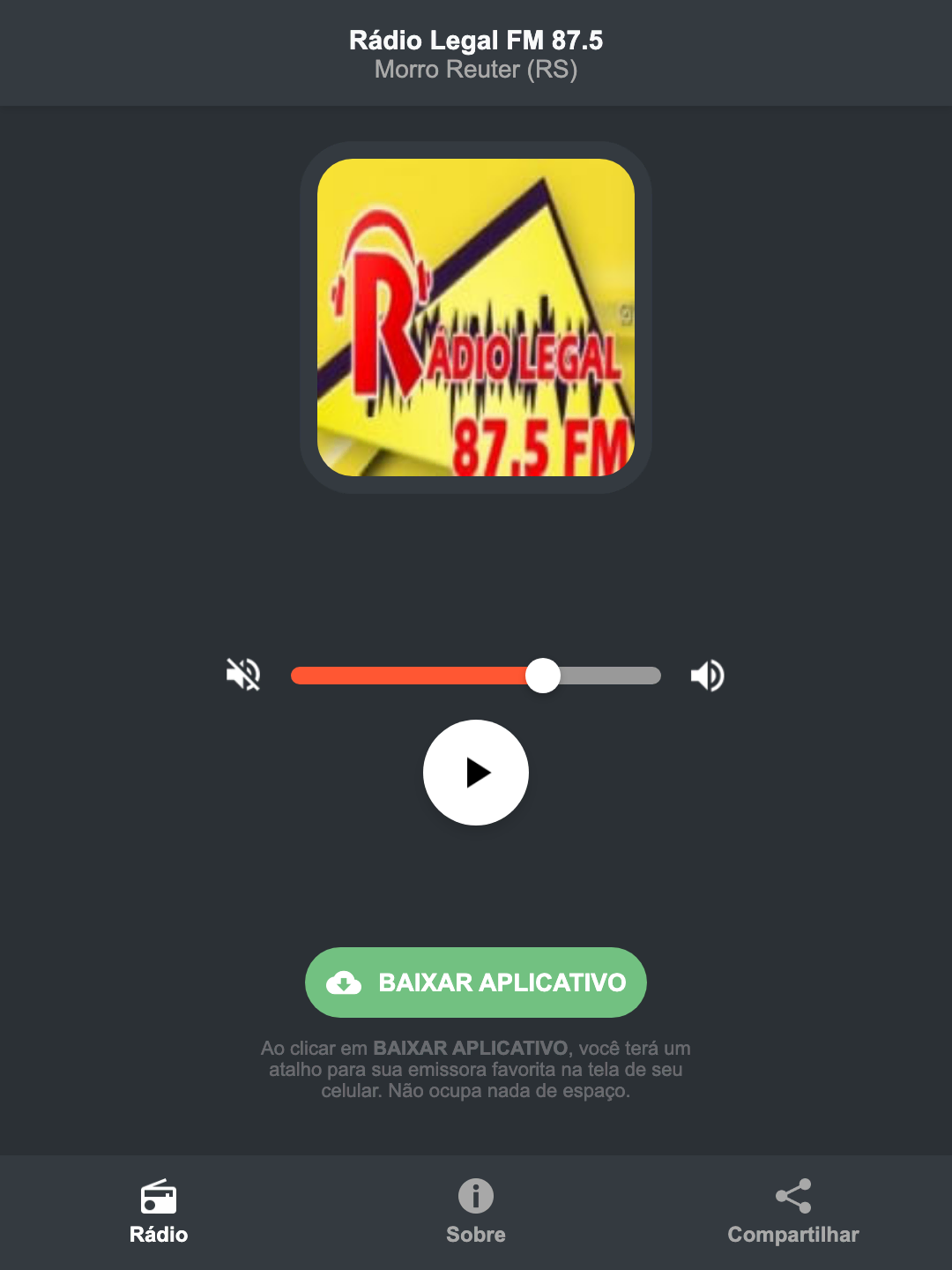 Screenshot do aplicativo da Rádio Legal FM 87.5
