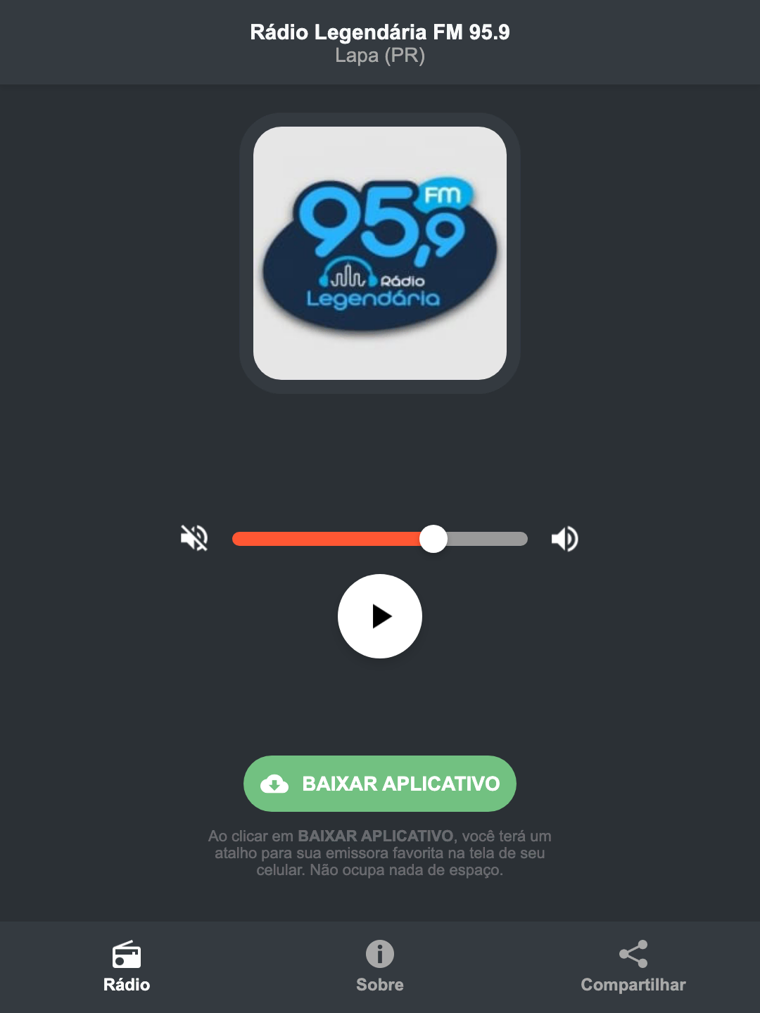 Screenshot do aplicativo da Rádio Legendária FM 95.9