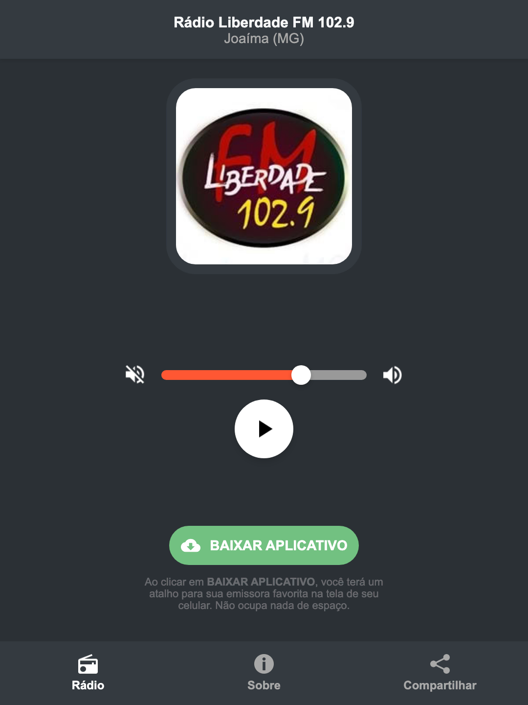 Screenshot do aplicativo da Rádio Liberdade FM 102.9