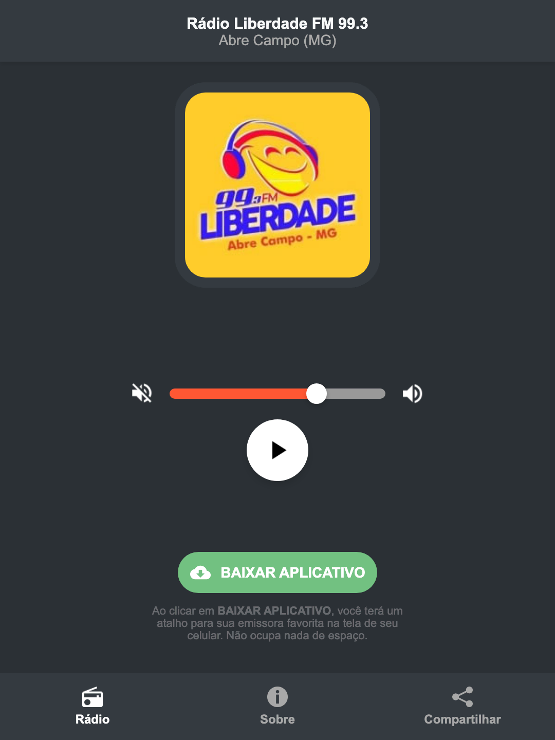 Screenshot do aplicativo da Rádio Liberdade FM 99.3
