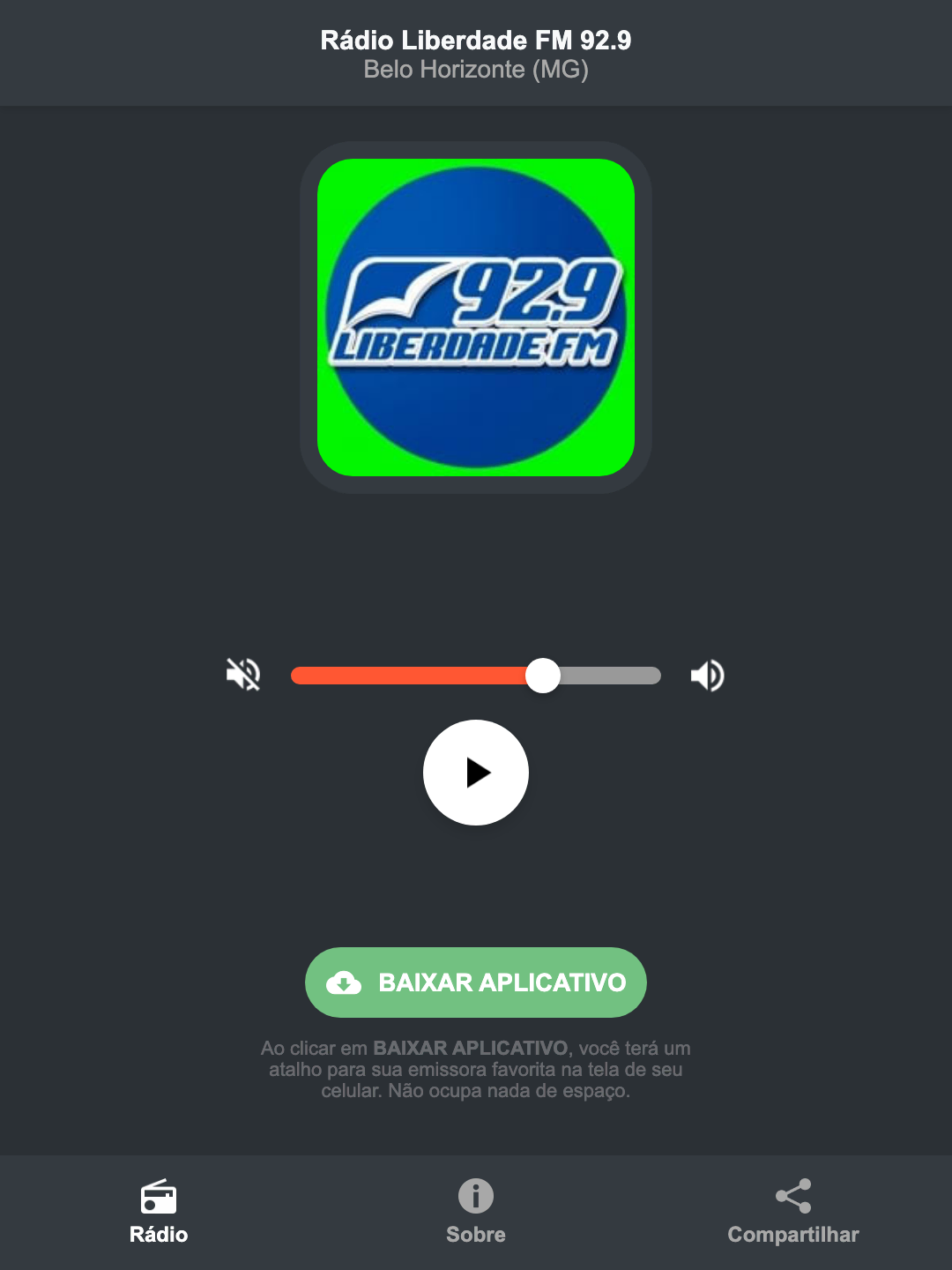Screenshot do aplicativo da Rádio Liberdade FM 92.9