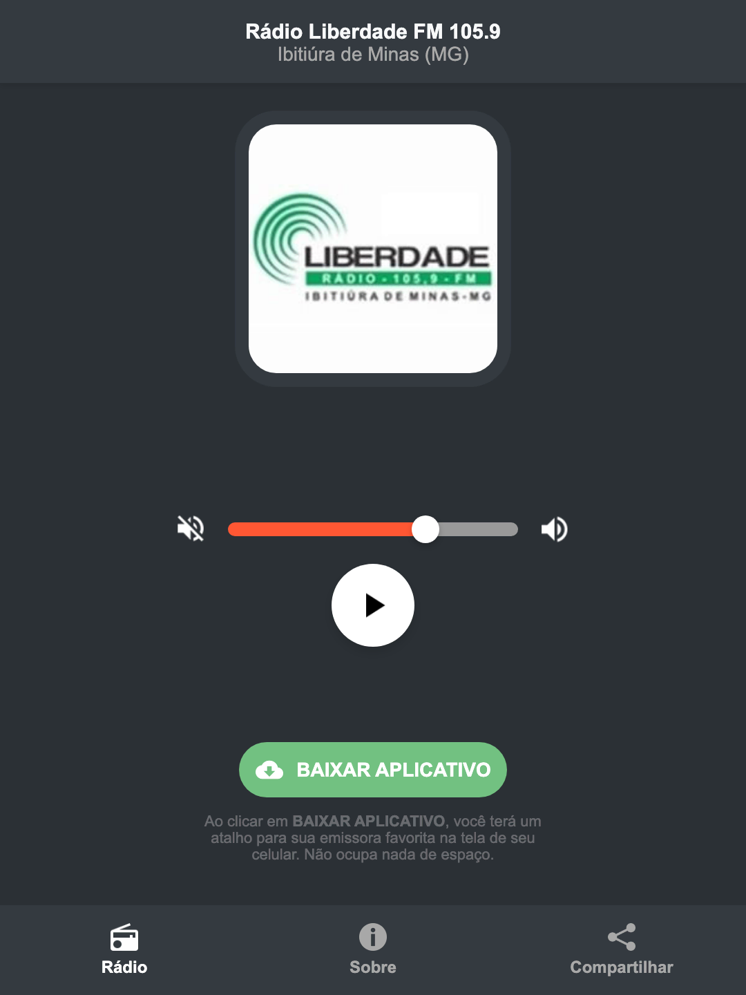 Screenshot do aplicativo da Rádio Liberdade FM 105.9