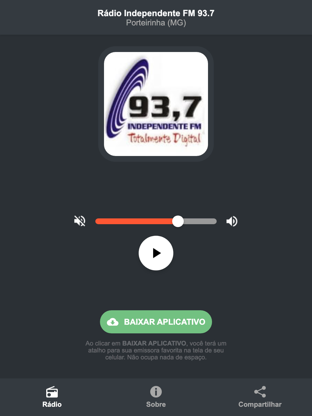 Screenshot do aplicativo da Rádio Independente FM 93.7