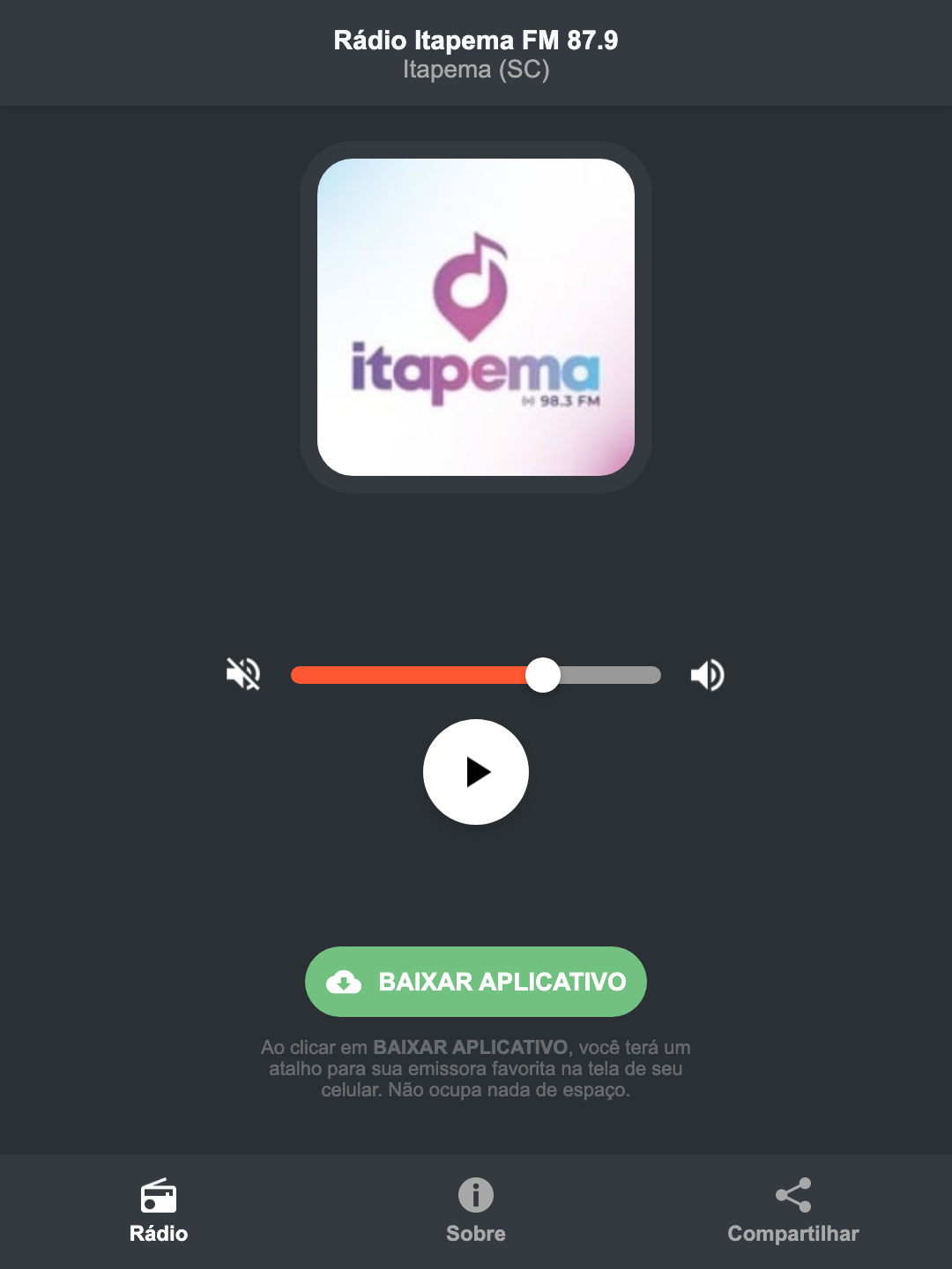 Screenshot do aplicativo da Rádio Itapema FM 87.9